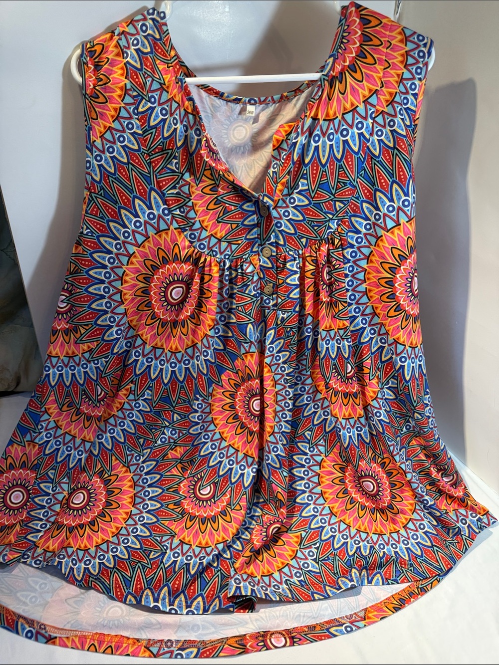 Vibrant Orange & Blue Sleeveless Womens Top - Floral Medallion Print